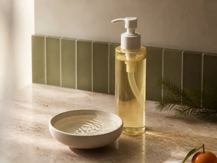 Amber cleansing oil bottle beside a ceramic water bowl