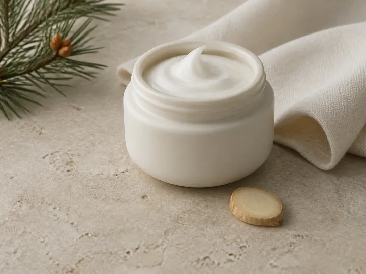 Open moisturizer jar with cream texture and sliced ginseng
