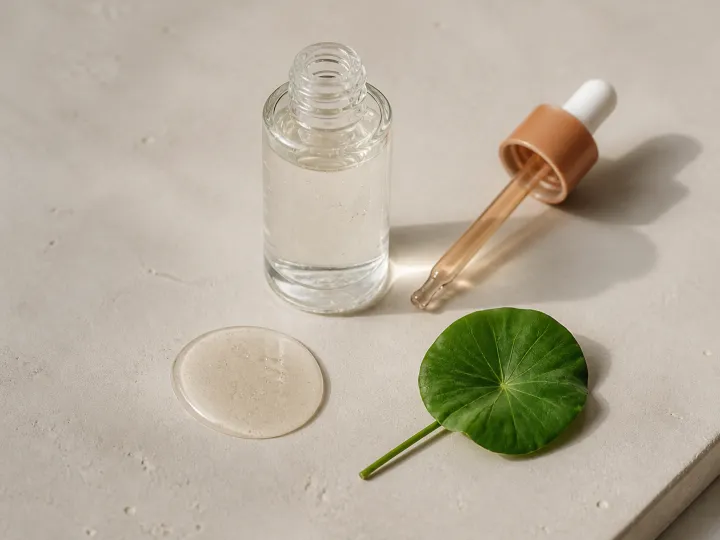 Clear serum dropper with centella leaf and hydrating gel texture