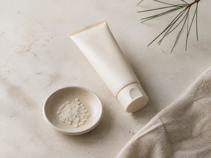 Ivory Korean sunscreen tube beside rice and pine on warm stone
