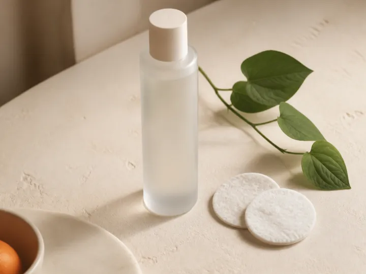 Frosted toner bottle with cotton pads and heartleaf on stone