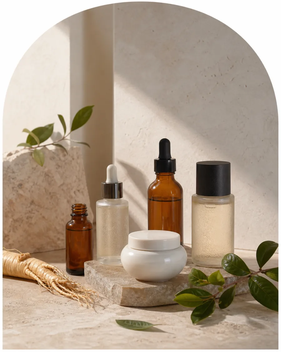 Unbranded Korean skincare bottles, cream and ginseng arranged on warm stone