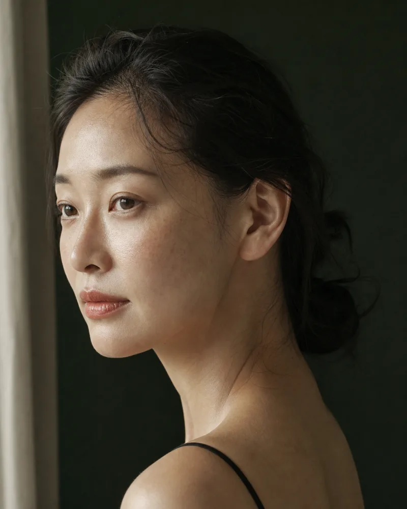 Korean woman with naturally luminous skin against a deep pine backdrop