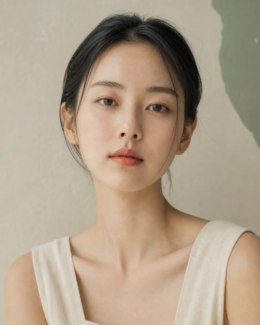 Korean woman with naturally dewy skin in soft studio light